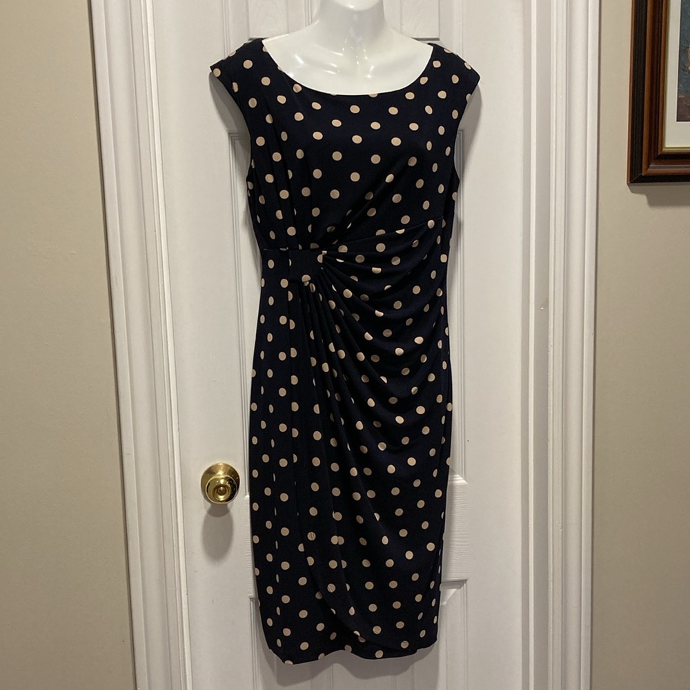 NWOT - Connected Apparel Navy & Cream Polka Dot Faux Wrap Dress - Size 12